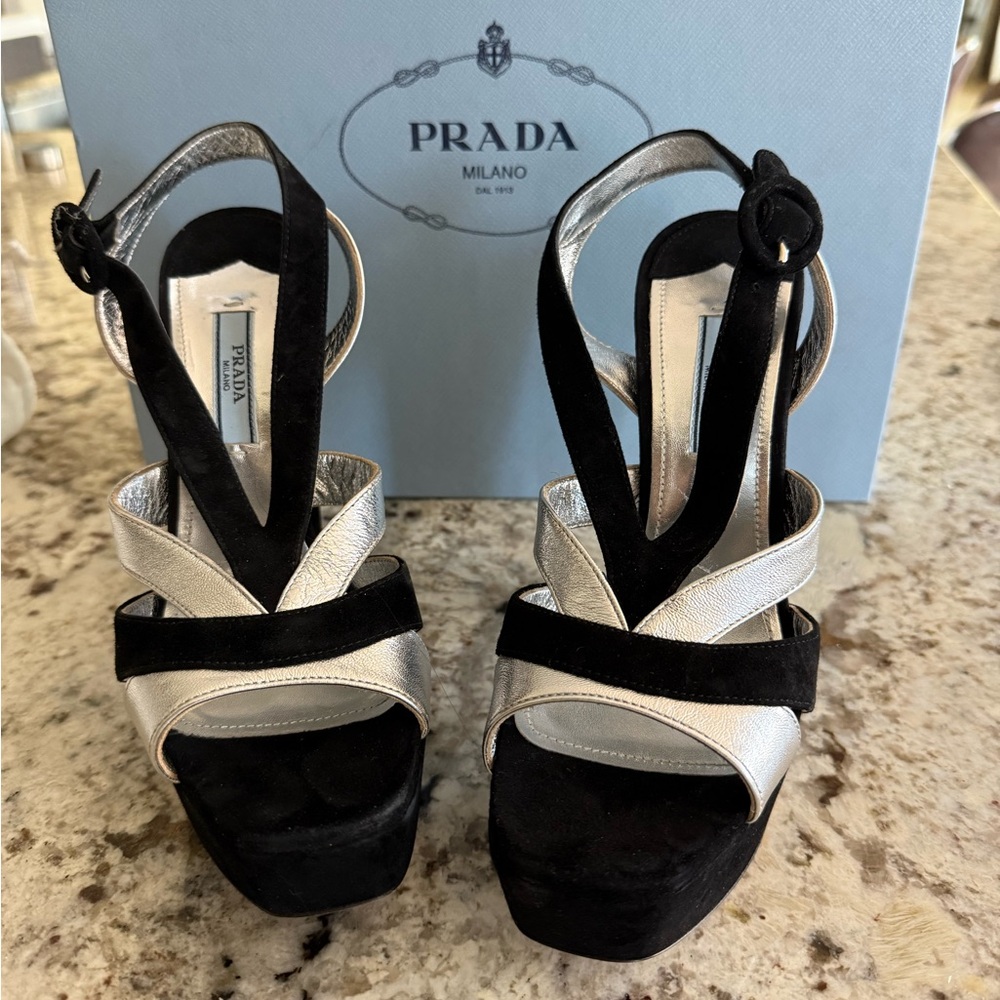 Silver and Black Heeled PRADA Sandals sz 37.5
